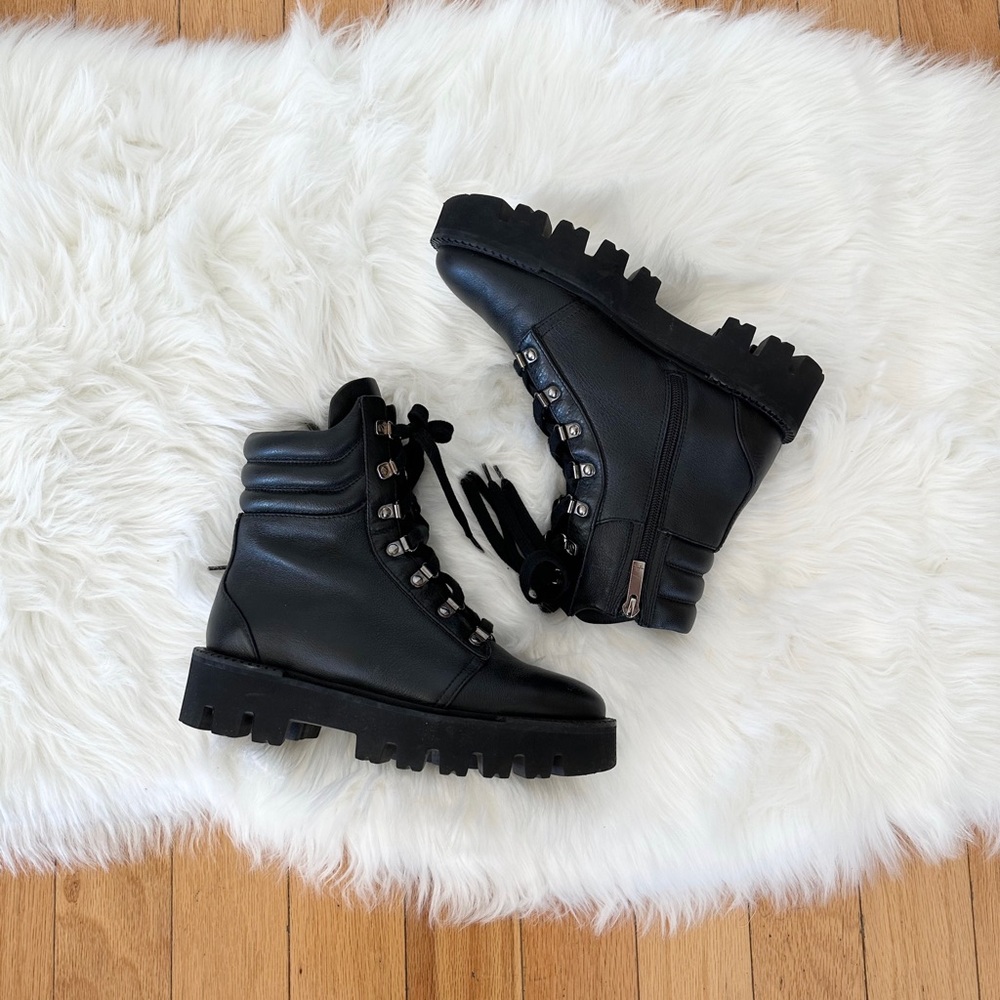 Auth Aquatalia Women’s Alyssa Black Leather Lace up Tumbled Calf Moto Boots 7.5 - Picture 5 of 11
